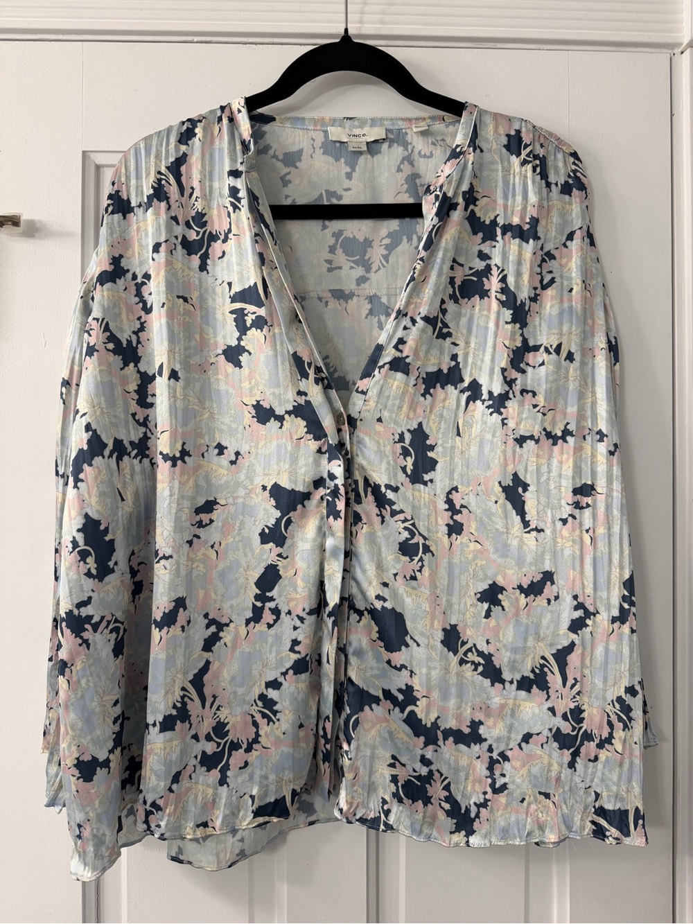 Vince Pastel Blue Floral Blouse with Navy Accents